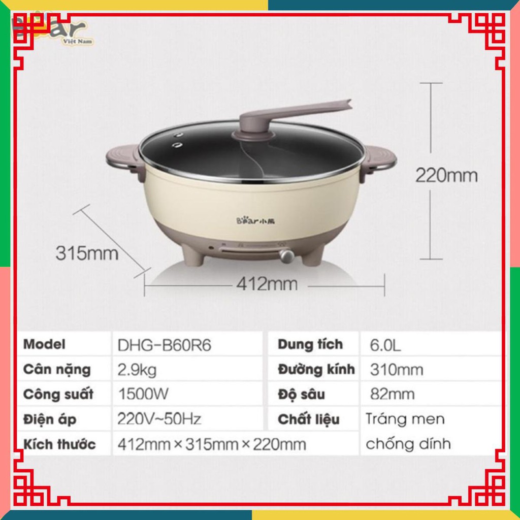 Nồi Lẩu Uyên Ương Bear 6L. Thiết Kế Hiện Đại. Thoải Mái Cho Cả Gia Đình (Hàng Nhập Khẩu - Có Sẵn)