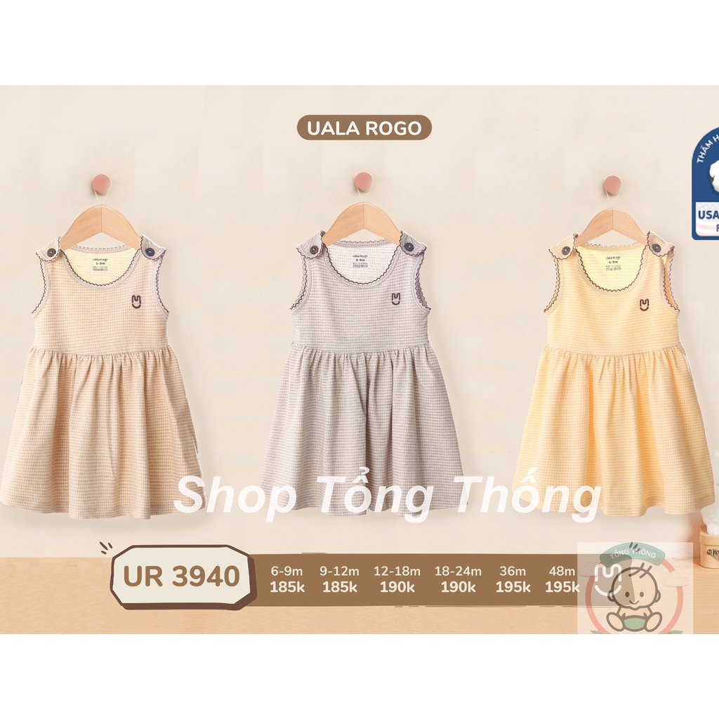 Váy Uala Rogo Cotton cao cấp mềm mịn thấm hút tốt vải trơn gân thoáng mát sát nách cho bé gái 3940