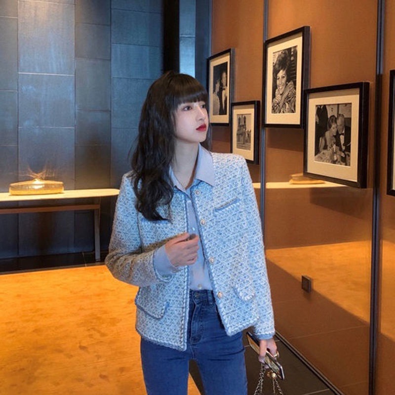 Cotton fragrant contract French style small fragrant style coat women's 2022 autumn and winter new style foreign style fashion socialite blue top