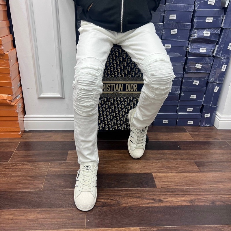 Quần jean nam trắng vá gối chất bò cao cấp co dãn 4 chiều cực đẹp from dáng đẹp