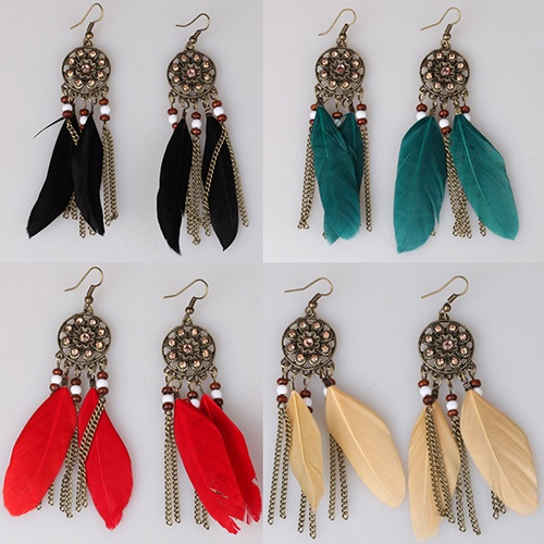 Hoa tai dạng móc phối lông vũ kiểu dreamcatcher phong cách Bohemia cổ điển cho nữ