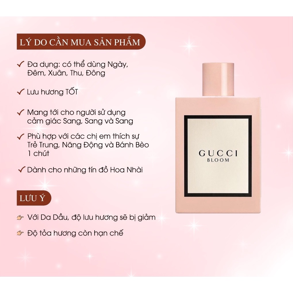 Nước hoa nữ Dầu Thơm Gucci Bloom Lưu Hương Lâu - Nồng độ EDT dung tích 100ml - Hương thơm nữ tính quyến rũ ngọt ngào