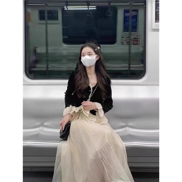 Set Áo Nhung Phối Bèo Mix Chân Váy Tơ Tiểu Thư (hàng QC loại 1) Áo Nhung Kiểu Tay Dài Phối Bèo Kèm CV xoè 2 lớp