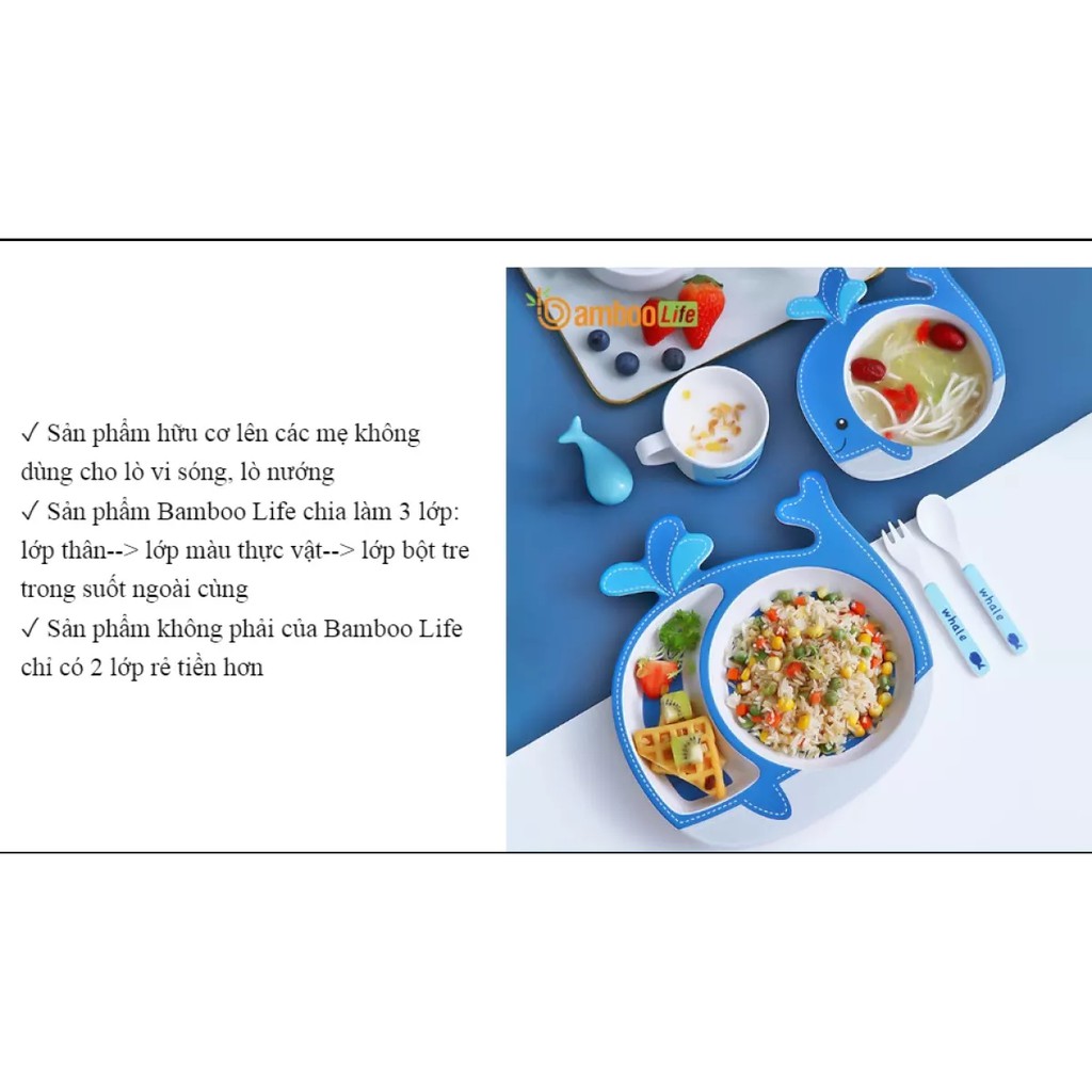 Set 5 món Khay, Bát, Cốc, Dĩa và Thìa Cá Heo Bamboo Life Hữu Cơ tự nhiên an toàn cho Bé