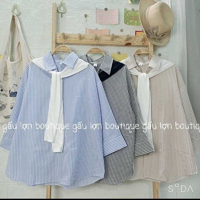 Áo sơ mi kẻ sọc kèm khăn quàng phong cách hàn quốc dáng tay lỡ