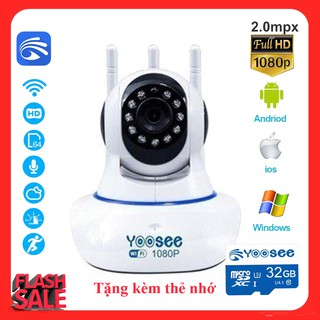 Camera yoosee 3 râu 2.0 - full hd 1080p kèm camera yoosee ngoài trời siêu nét 2.0mpx 1080p - 2 anten + thẻ 32gb yoosee