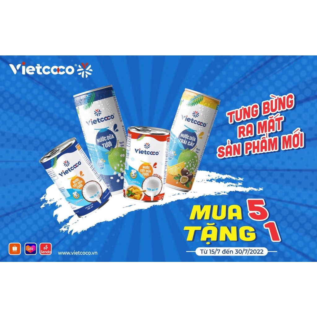 12 Lon - Nước Dừa Vietcoco - (Có Thạch Dừa  Dai Dai - Dòn Dòn ngon tuyệt) 240ml/Lon (NÓI KHÔNG VỚI HƯƠNG LIỆU)