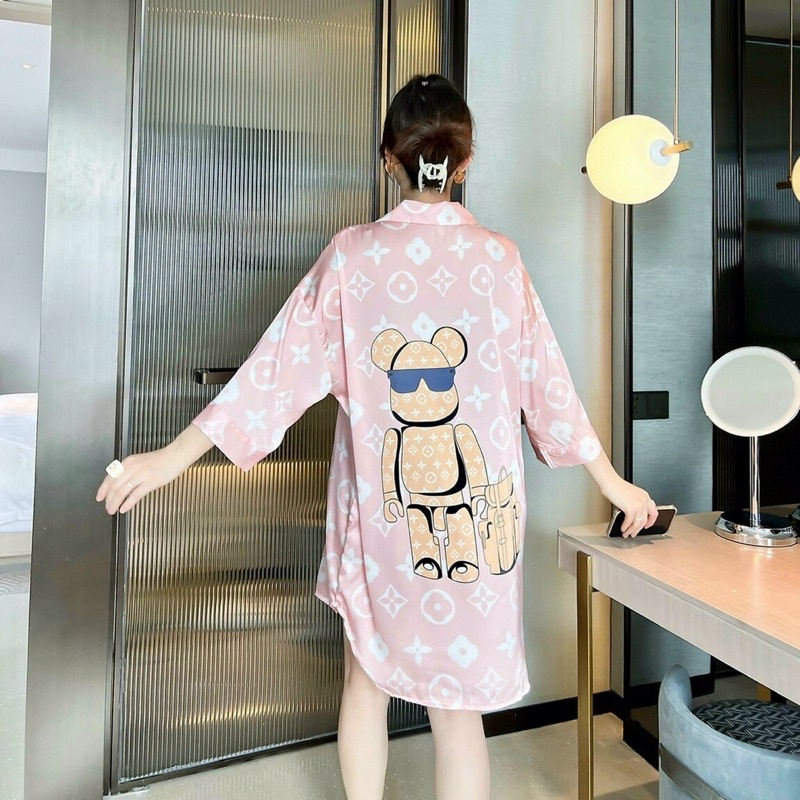 Váy ngủ sơ mi tay lỡ ro bốt đeo kính K007 lụa satin cao cấp quảng châu.