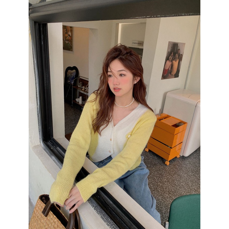 Áo cardigan Dệt Kim Họa Tiết Hoa Ba Chiều Màu Sắc Tương Phản Dành Cho Nữ