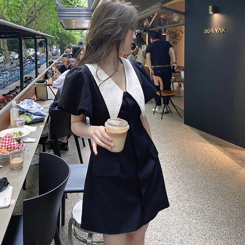Váy đầm đen cổ chéo trắng,váy ngắn dáng A tiểu thư tay bồng