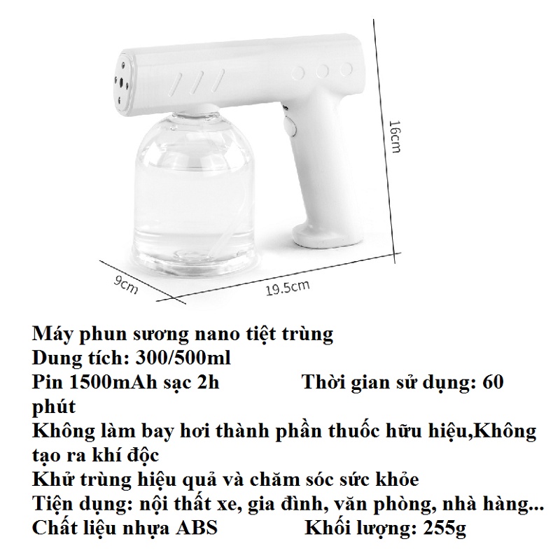 Súng phun sương tiệt trùng, máy phun sương nano tiệt trùng dung tích 500ml