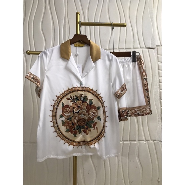 PIJAMA ĐÙI - TAY NGẮN - TAY DÀI HOA TRÀ NÂU N004