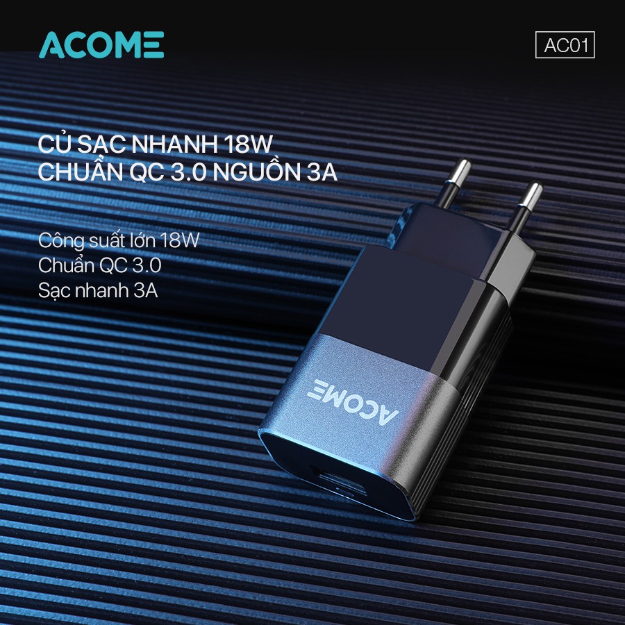 Cốc Sạc Nhanh ACOME AC01 3A Chuẩn QC 3.0 18W Cổng Sạc USB - Hàng Chính Hãng