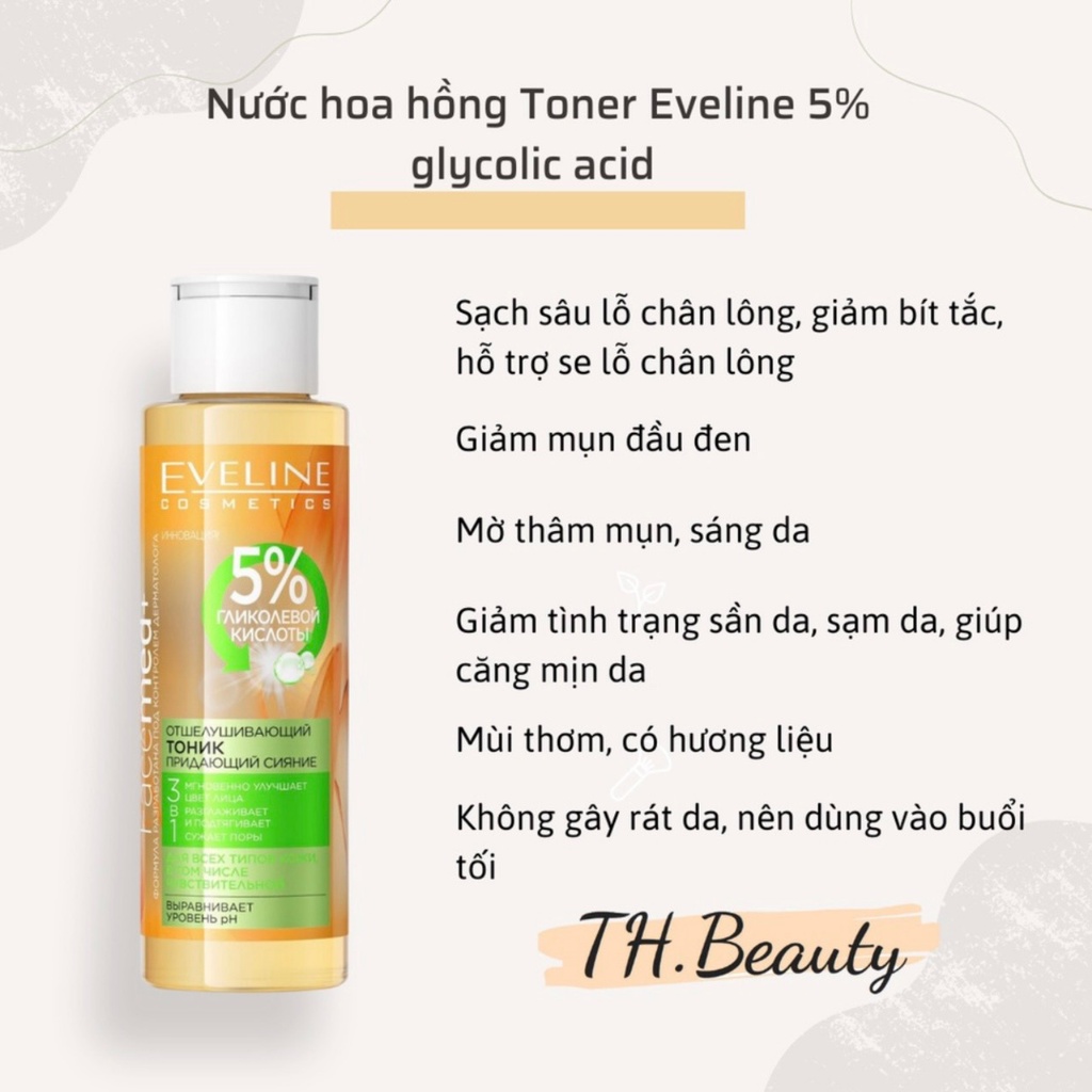 Toner eveline 5% Glycolic acid 3 in 1, nước hoa hồng eveline aha glycol therapy 110ml