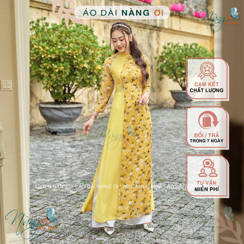 Áo Dài Hoa Nhí 4 Tà Vàng Đính Ngọc Truyền Thống  Lụa Tơ Hoa Da Hồng Đẹp