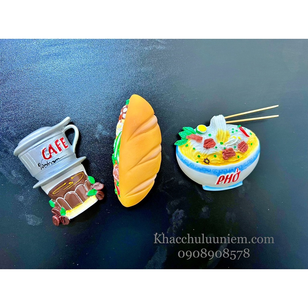 Bộ 3 món Cà Phê + Phở + Bánh mì mô hình 3D các món quốc dân Việt Nam - Tranh trí dính hít lưu niệm trên tủ lạnh