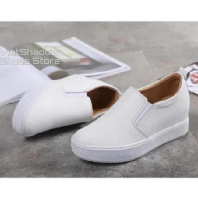 [Sale 3/3]Slip on da nữ độn đế - Giày lười da nữ đế xuồng - Chất liệu da bò màu (trắng) và (đen) - Mã SP: 9909 -pi9