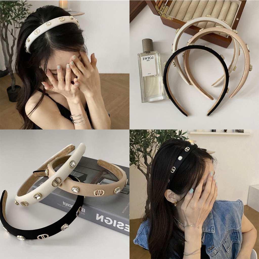 Băng Đô Cài Tóc Bản Rộng Dày Dặn Đính Đá In Chữ Phong Cách Retro Pháp Cao Cấp