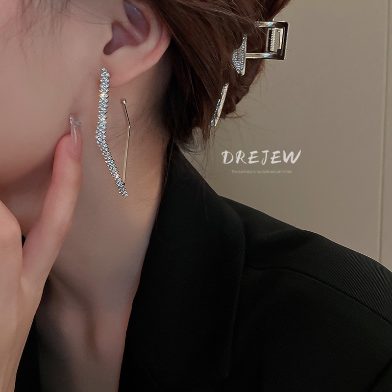 Khuyên tai DREJEW 2 hai lớp đính kim cương giả màu bạc thời trang dễ phối đồ phong cách cá tính