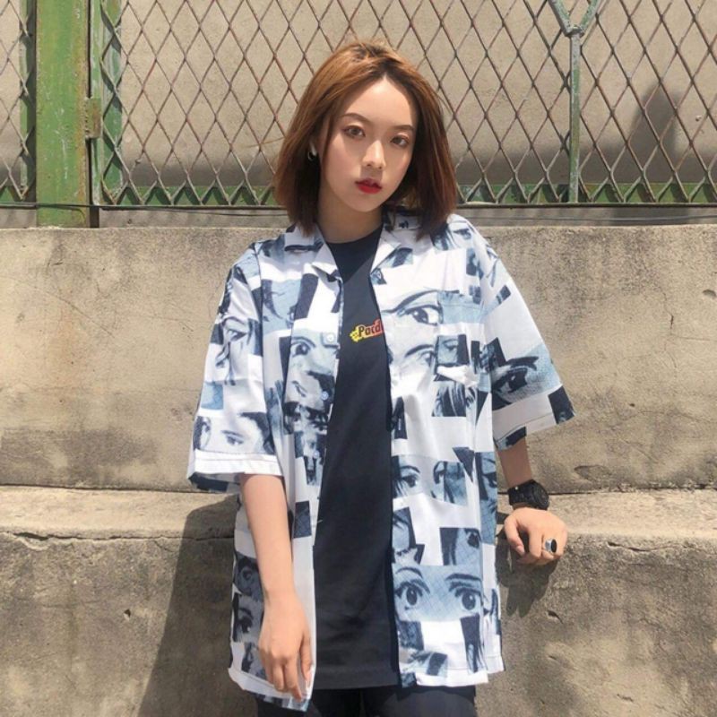 Áo sơ mi unisex hình nhân vật hoạt hình form rộng