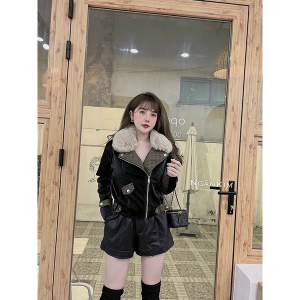 Áo khoác da nhung lót lông  hàng QC_ cổ lông tháo rời