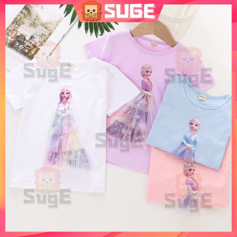 【Suge】Áo Sơ Mi Cotton Tay Ngắn In Hình Công Chúa Elsa 3D Thời Trang Cho Bé Gái Từ 1-8 Tuổi