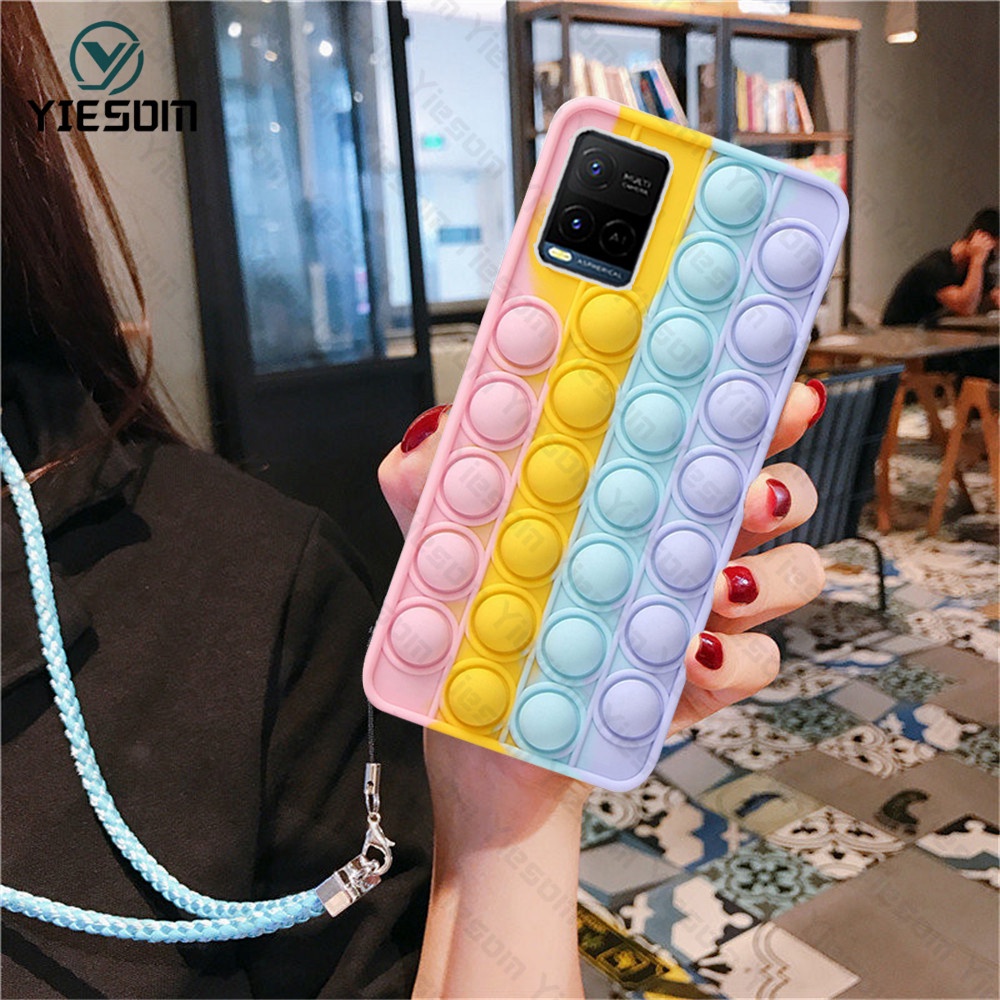 Ốp Điện Thoại Hình Cầu Vồng Kèm Dây Đeo Cho Vivo Y33S Y21S Y21 Y20 Y20S Y12S Y12 Y15S Y17 Y31 Y12i Y50 Y30 Y19 Y95 Y93 Y91C Y1S