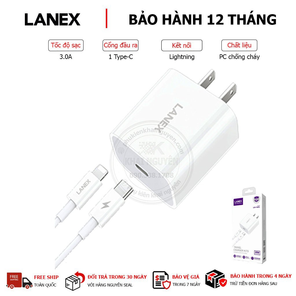 Bộ sạc nhanh LANEX LCK-13ACL Lightning (01 cổng Type-c ra Lightning, 20w, 1m) SẠC NHANH Q.C 20 W 3.0 BH 12 tháng