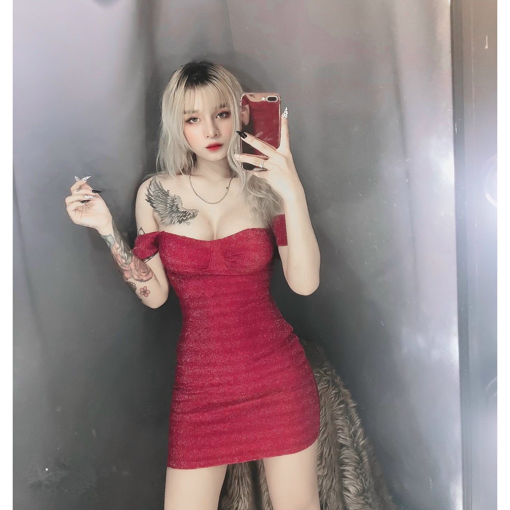 Đầm body trễ vai chất nhũ kèm mút ngực siêu tôn dáng cực sexy