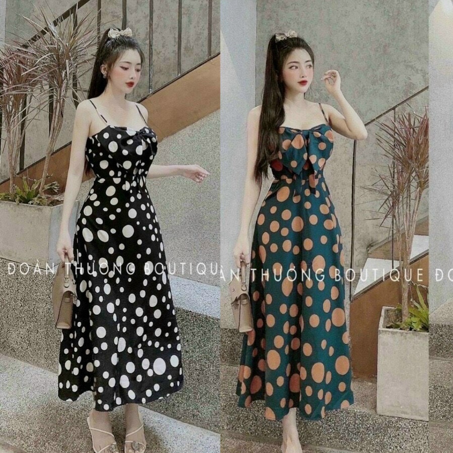 Váy đầm lụa 2 dây dáng dài maxi, đầm dáng dài dự tiệc chấm bi sang chảnh [Có Mút Ngực] thời trang nữ