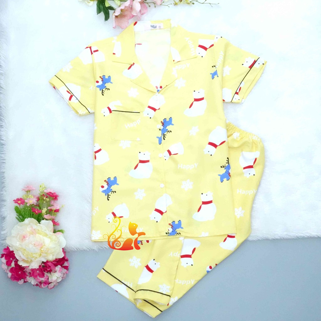 Đồ Bộ Mặc Nhà "Gấu tuyết - Happy" Pijama Kate Thái Quần Lửng - Dưới 58kg.