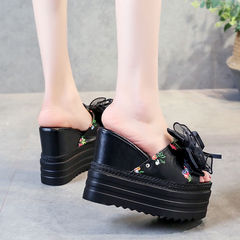 Dép đế xuồng 12cm tăng chiều cao đính hoa phong cách mới dành cho nữ