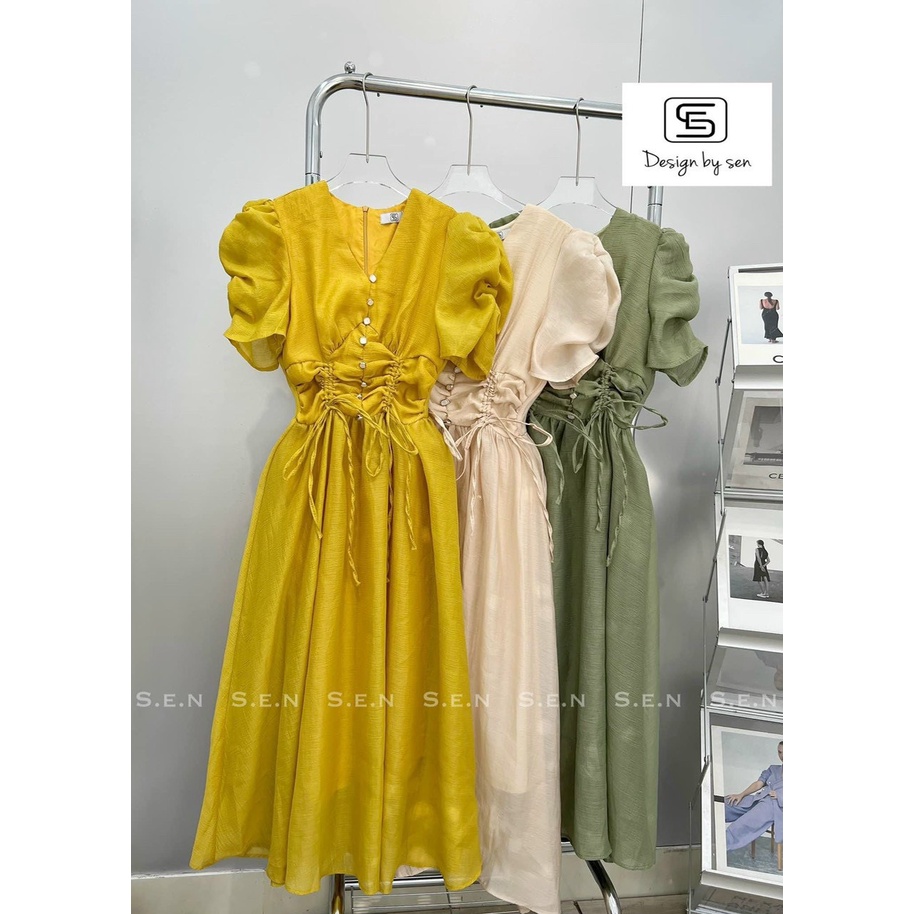 Váy nữ cổ V chất tơ 2 lớp vintage tay bồng hoạ tiết trơn phong cách nữ tính bánh bèo thời trangI Trần Hân Shop 3007443