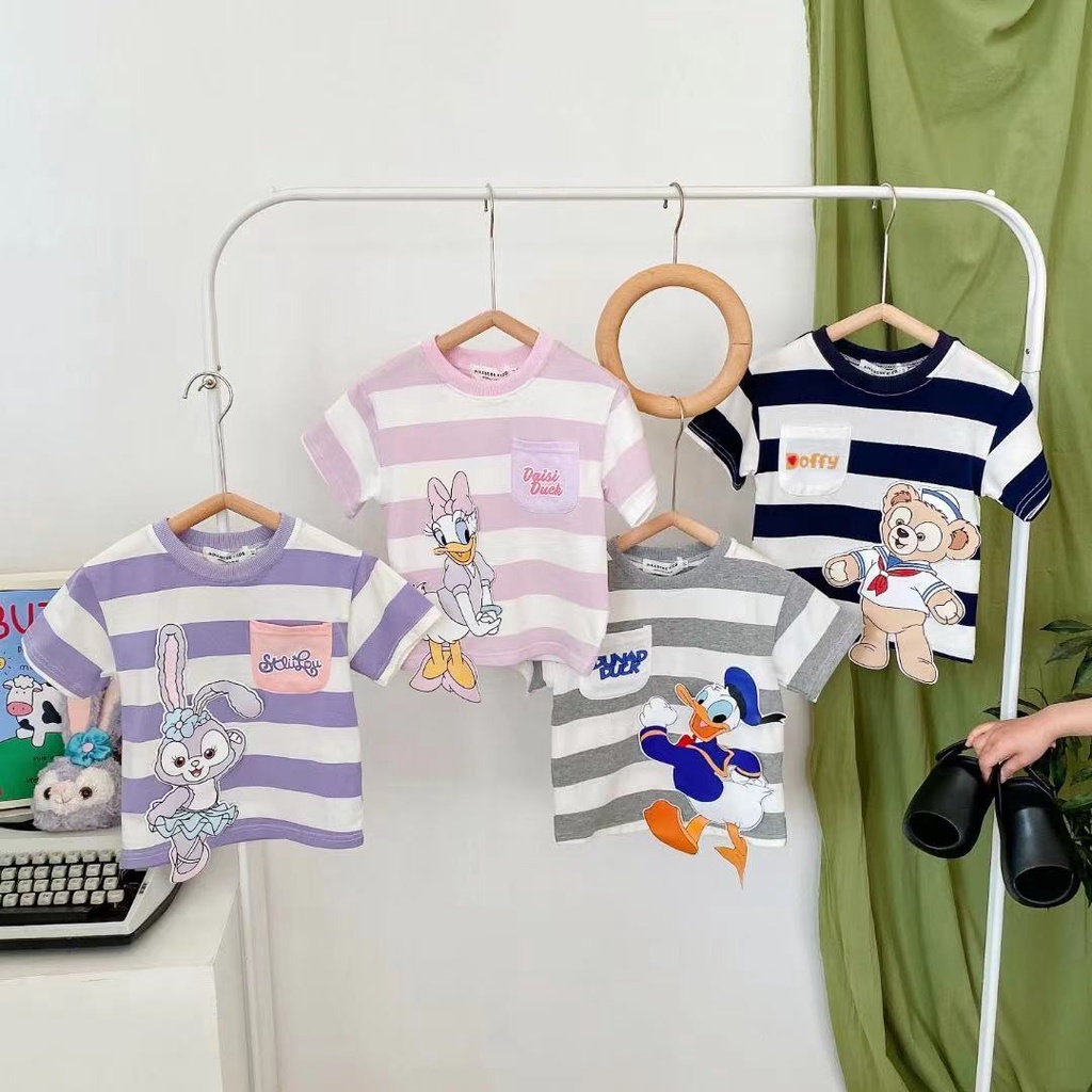 Áo Thun Tay Ngắn Kẻ Sọc Vải Cotton In Hoạt Hình Kiểu Hàn Quốc Thời Trang Mùa Hè 2022 Cho Bé