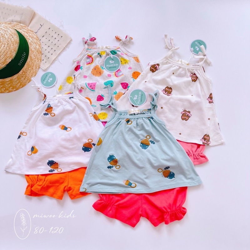 Set bộ bé gái hai dây 1 đến 2 3 4 5 tuổi Miwoo Đồ bộ cho bé gái mặc nhà mỏng mát - SGMC