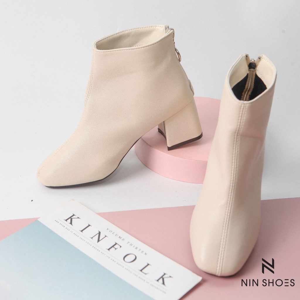 Giày boot da mịn gót vuông kéo khóa 5 phân dáng basic Ninshoes | BigBuy360 - bigbuy360.vn