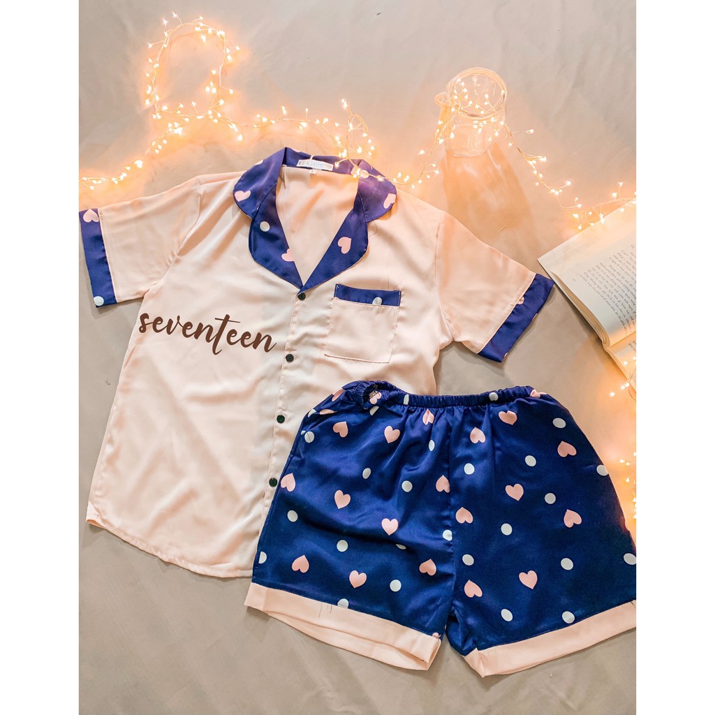 Set bộ đồ ngủ pijama cộc đùi lụa satin tim navy mát lạnh