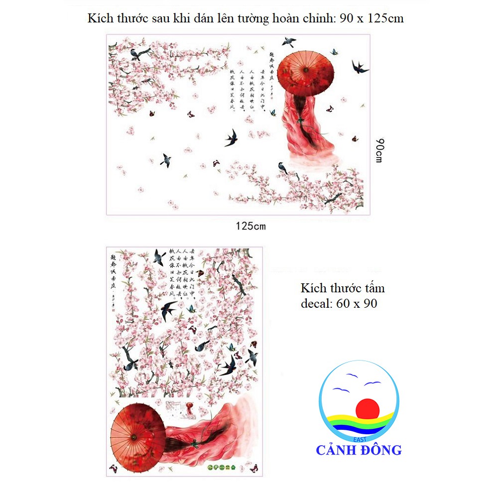 Decal dán tường hoa đào cô gái cổ trang