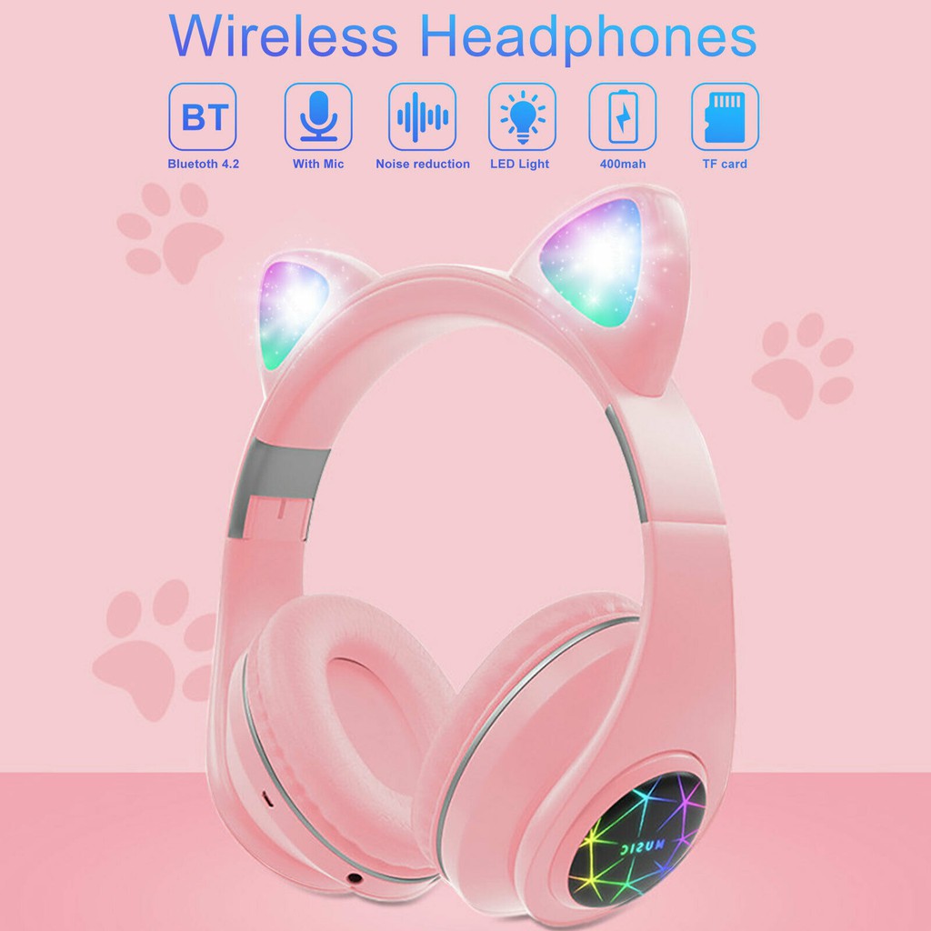 Headphone Bluetooth Tai Mèo Cao Cấp Có Mic, Tai Nghe Tai Mèo Không Dây Chụp Tai Siêu Dễ Thương Có Đèn Led Cute - ENZO