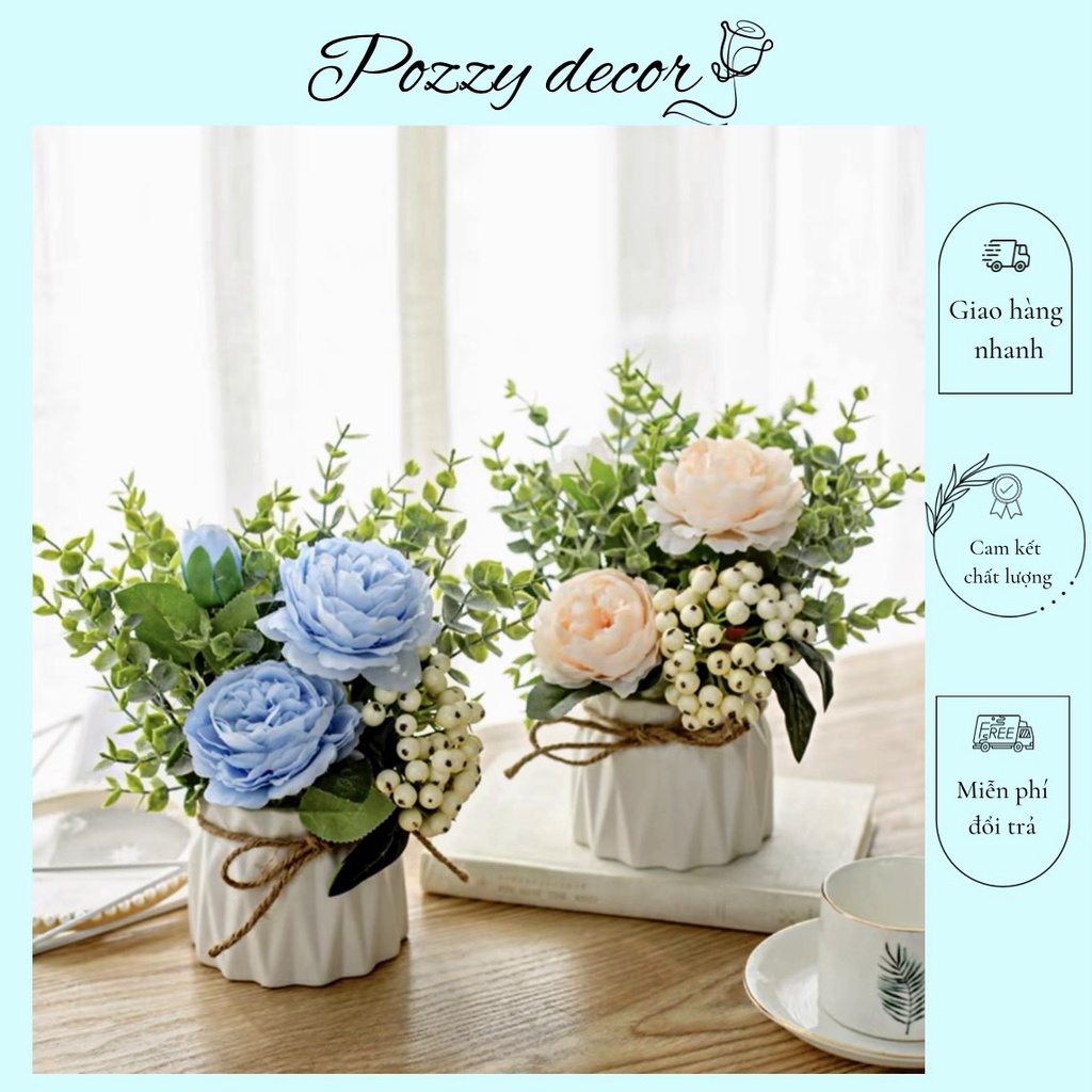 Lọ Hoa Mini Để Bàn Cắm Sẵn Hoa Mẫu Đơn Mix Cỏ Cao 20cm Để Bàn, Kệ Tủ, Kệ Tivi,Decor Xinh Xắn