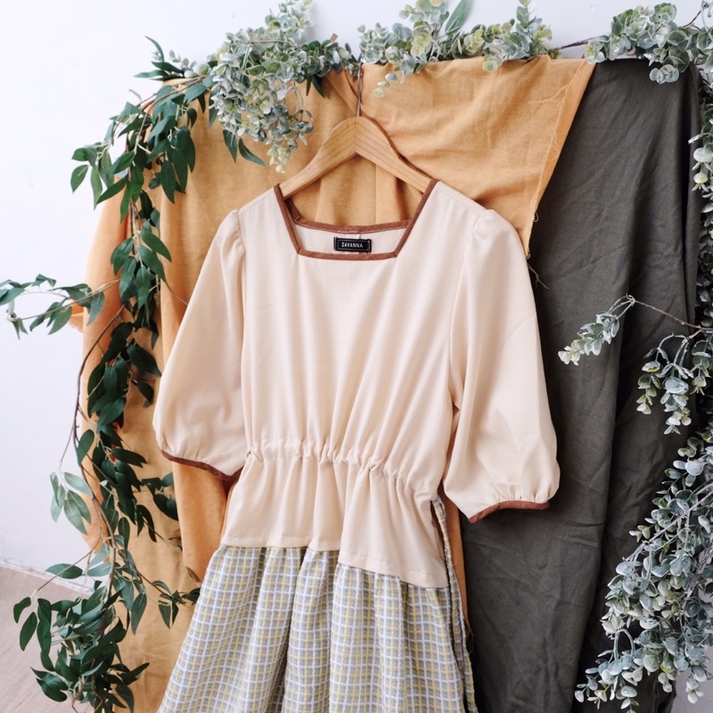 Đầm cổ vuông phối màu vải linen và thô dệt -by savanna