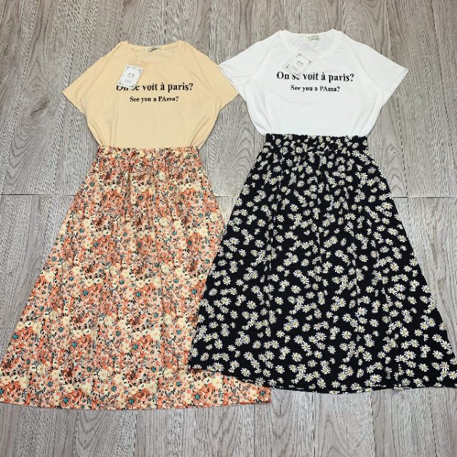 Set áo thun mix chân váy maxi hoa