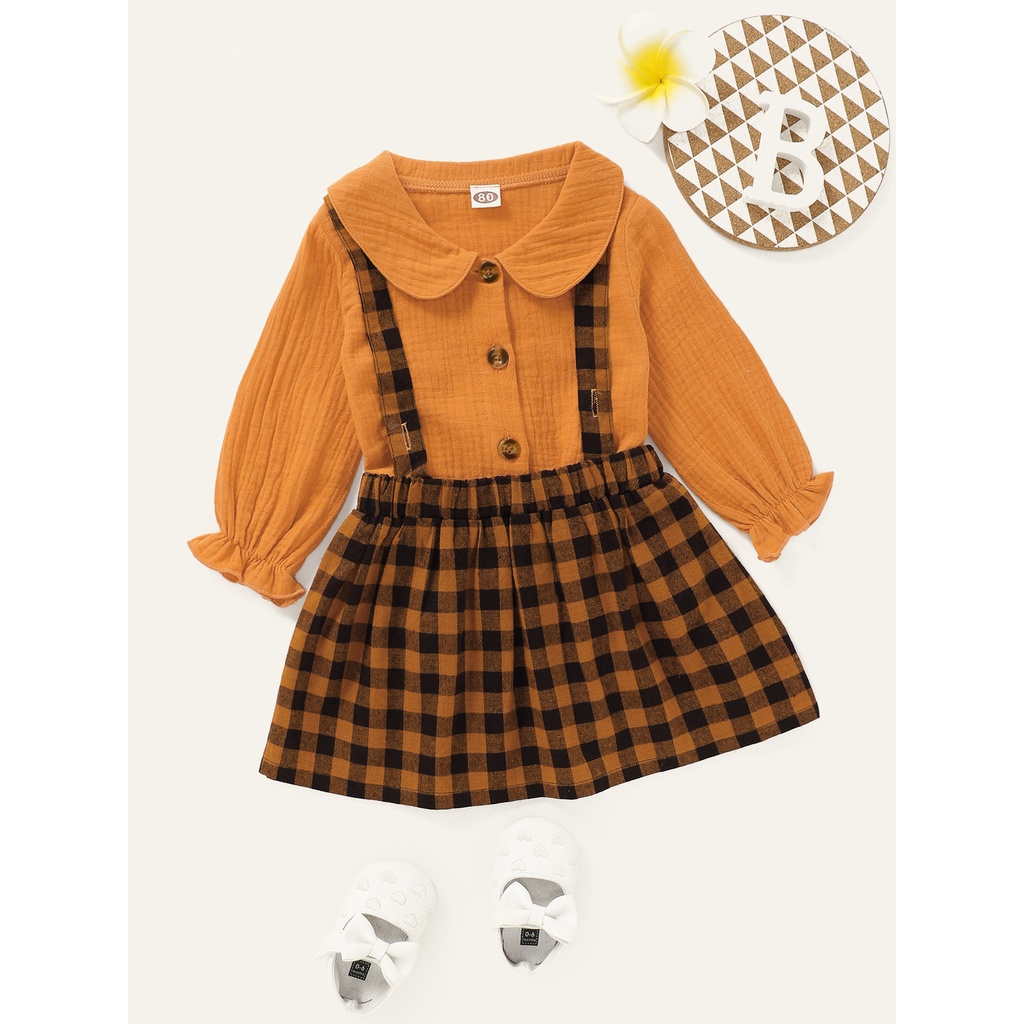 Set 2 món MIKRDOO gồm áo sơ mi dài tay cổ peter pan và chân váy yếm cotton sọc caro cho bé gái sơ sinh