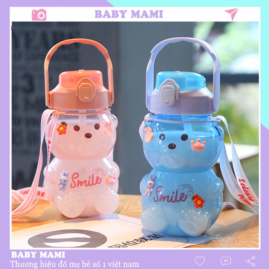 Bình nước cho bé hình gấu dung tích lớn có ống hút cực cute, Bình nước hình gấu cho bé mang đi học Bn24