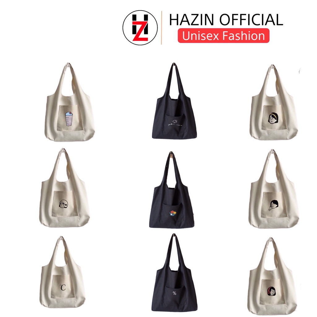 Túi tote HAZIN vải canvas ulzzang unisex in chữ có túi nhỏ bên ngoài đi học đi chơi