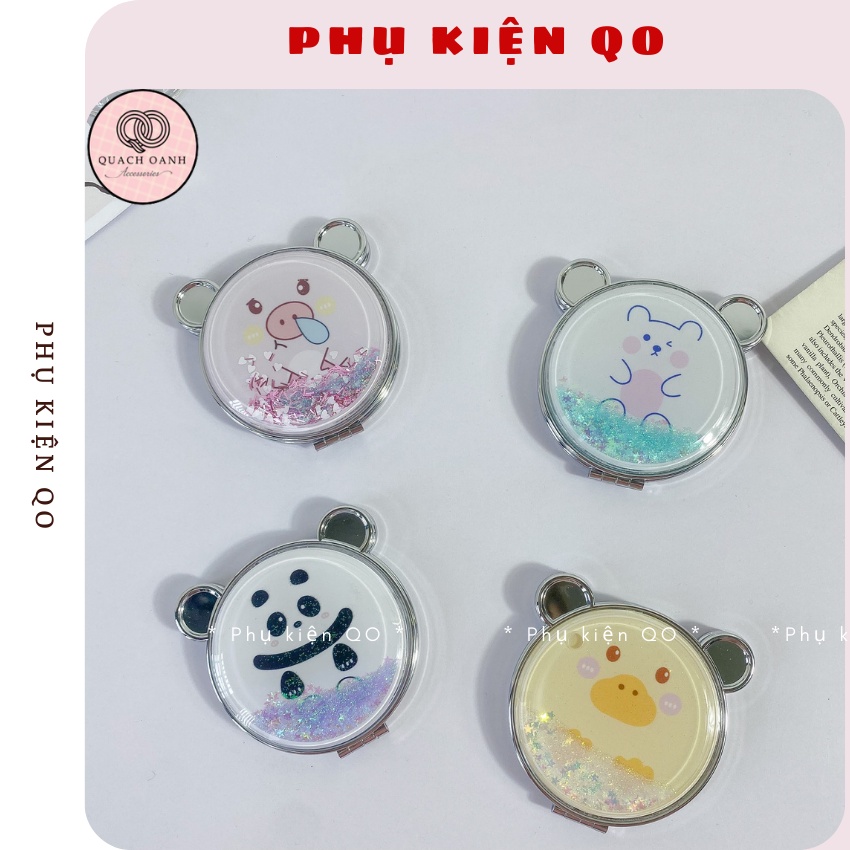 Gương mini cầm tay ,Gương trang điểm mini gấp gọn 2 mặt nhũ kim tuyến họa tiết hoạt hình đáng yêu -G01