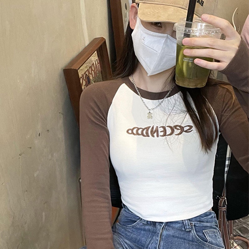 Áo Thun Dài Tay Ôm Dáng Màu Sắc Tương Phản Thời Trang Dành Cho Nữ