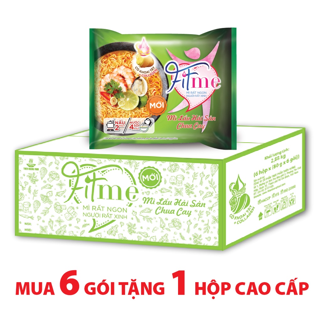 Thùng 36 Gói Mì Lẩu Hải Sản Chua Cay Fitme Có Bổ Sung Collagen 80g/gói