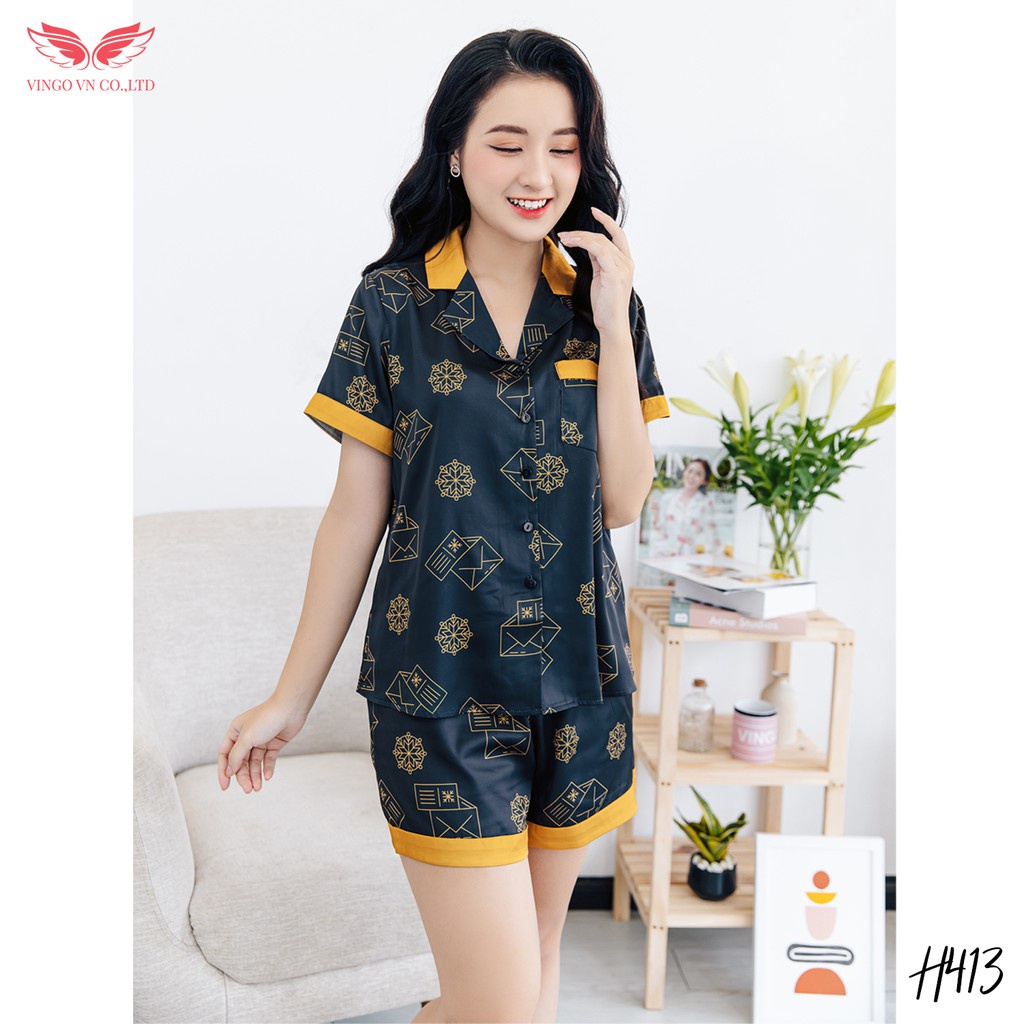 Bộ đồ nữ Pijama mặc nhà VINGO lụa Pháp tay cộc quần cộc họa tiết phong thư sang chảnh màu xanh than H413 VNGO - TCQC