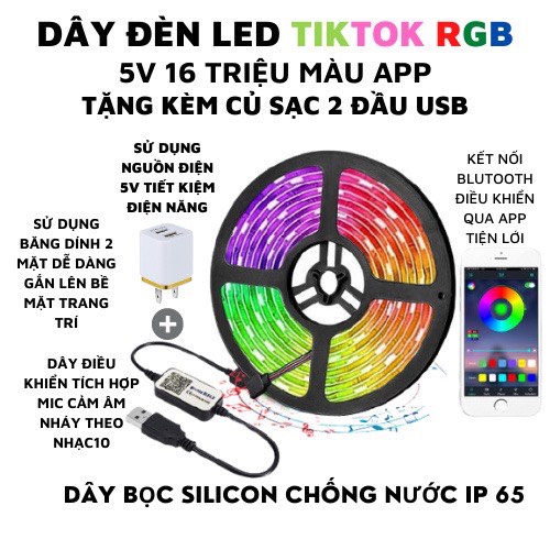 Đèn led tikotk,rgb16 triệu màu, điều khiển bằng app nháy theo nhạc,dây bọc silicon chống nước,decor trang trí.